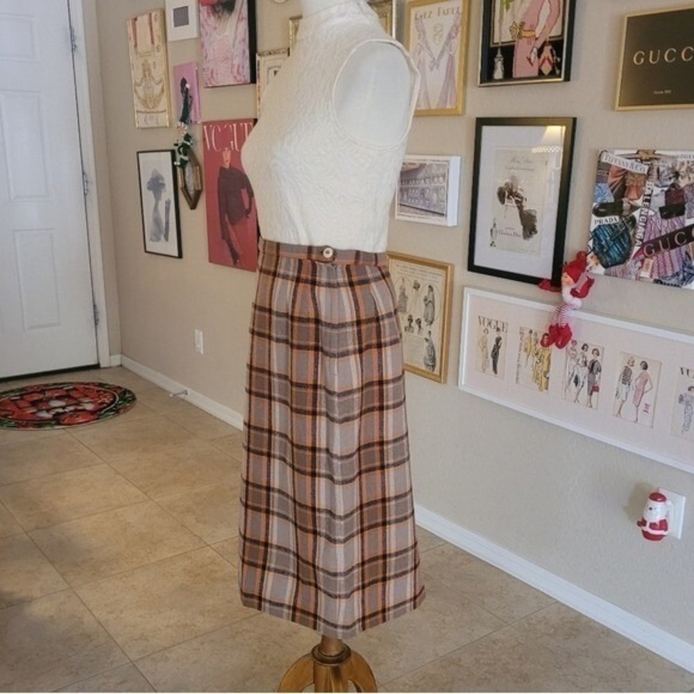 Vintage 70s Garland Plaid Wool Midi Pencil Skirt Tan Brown Orange High Waist M - Picture 3 of 6